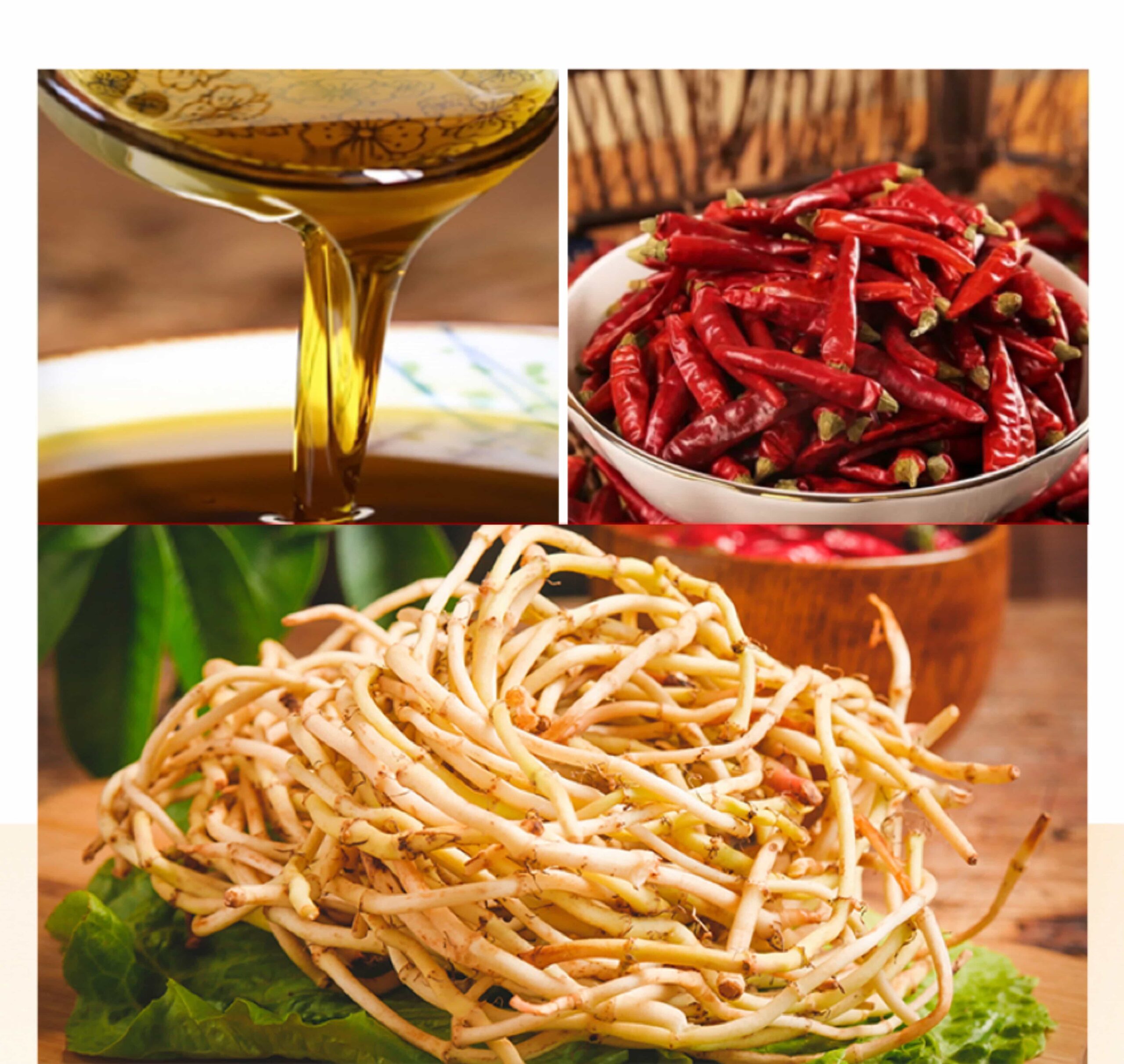 Fresh ingredients for Qian Xiaomei fish mint oil chili sauce: houttuynia cordata, chilies, rapeseed oil