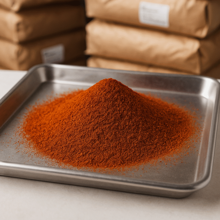 A mound of vibrant red chili powder displayed on a stainless steel tray, highlighting its fine texture and rich color for taco seasoning applications.