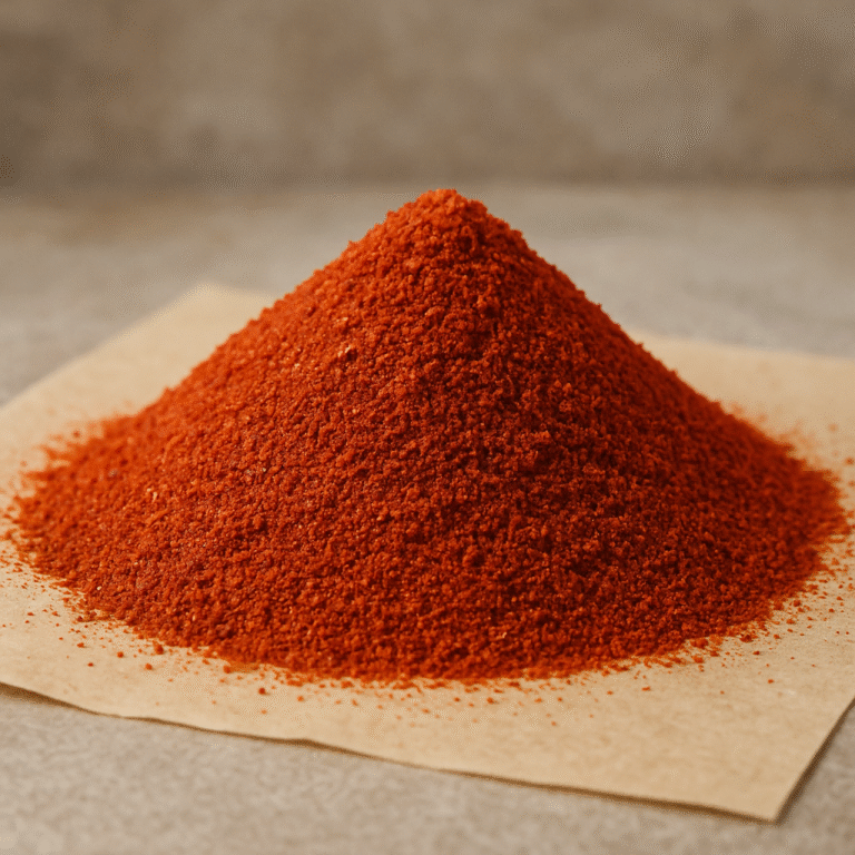 A high-quality close-up display of bulk chili powder formed into a neat mound on parchment paper, showcasing its vibrant red color and fine texture for food ingredient manufacturing