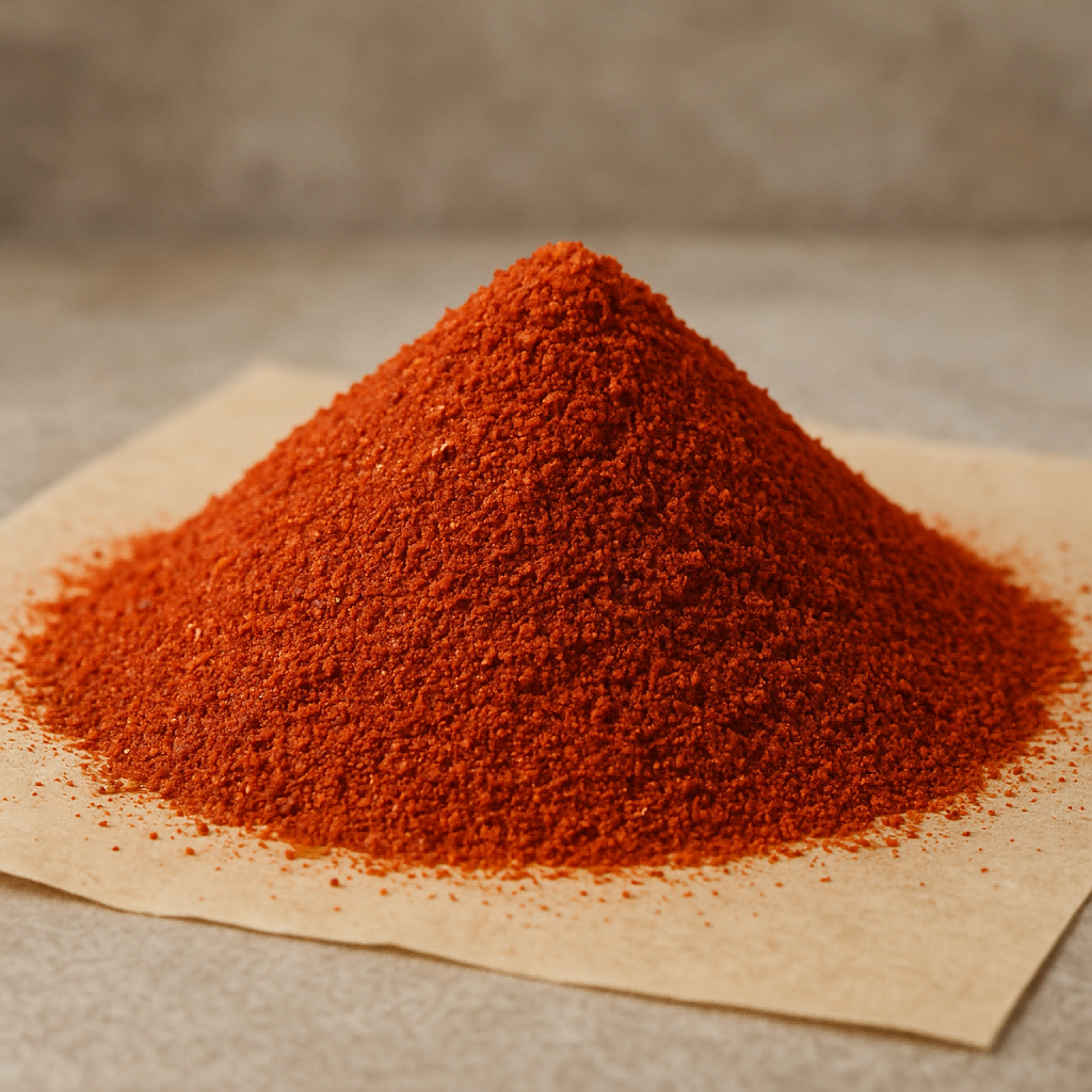 A high-quality close-up display of bulk chili powder formed into a neat mound on parchment paper, showcasing its vibrant red color and fine texture for food ingredient manufacturing