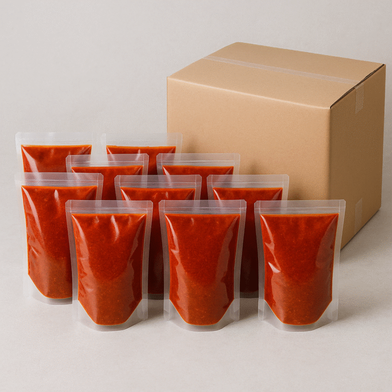 Bulk pouches of red sour soup hotpot base arranged next to a plain cardboard export carton, showing clean OEM packaging for B2B food supply.