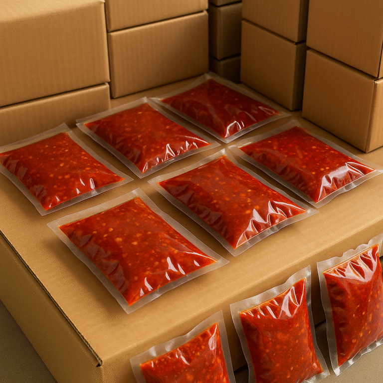 Bulk pouches of Guizhou sour soup hotpot base neatly arranged on cardboard boxes in a clean OEM and wholesale supply environment.