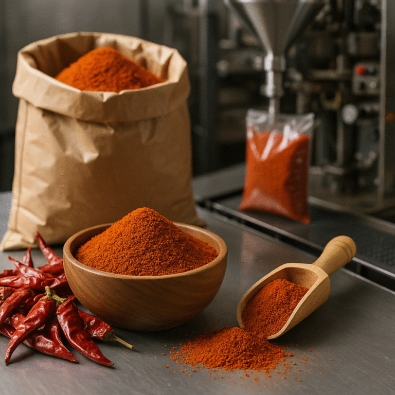 Bulk chili powder displayed with whole dried red chilies on a rustic surface, showing rich color and texture suitable for foodservice and seasoning manufacturing.