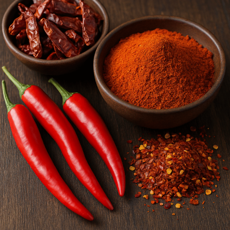 Fresh and dried Guizhou chili peppers with vibrant red chili powder displayed on a wooden surface, showcasing the characteristic aroma and flavor profile of Guizhou chili.