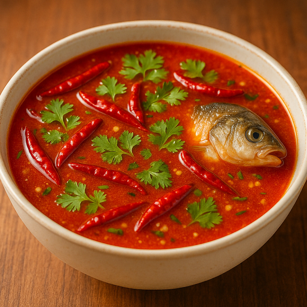 A vibrant bowl of Guizhou-style sour soup with whole red chilies, fresh cilantro, and a fish head in a bright red broth