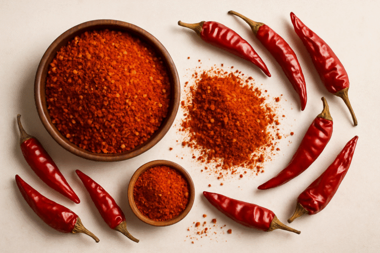 A wooden bowl filled with coarse red chili powder, surrounded by scattered powder and whole dried red chilies on a light-colored textured background