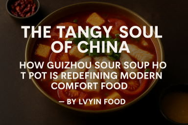A steaming pot of Guizhou Sour Soup Hot Pot with fish, tofu, and tomatoes in a bright red fermented broth