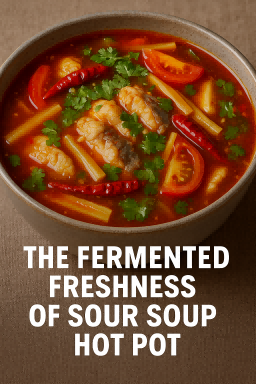 Bright red Guizhou-style sour soup with fish and tofu in a hot pot