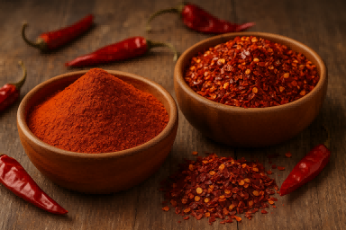 Bulk chili powder and chili flakes displayed in wooden bowls surrounded by fresh red chili peppers and Lvyin Food packaging, showcasing premium export-quality chili products.