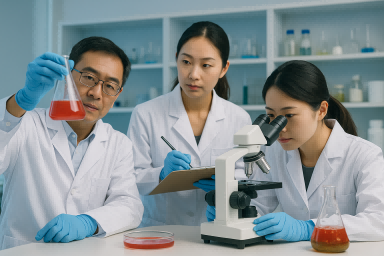 Researchers analyzing Guizhou sour soup fermentation samples in a laboratory, linking traditional fermentation to modern health science
