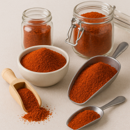 Assorted bulk chili powder varieties including ancho chili powder and organic chili powder displayed in glass jars, a ceramic bowl, and metal scoops on a neutral background, highlighting the vibrant red color and fine texture for export food supply.