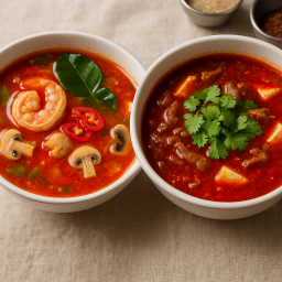 Two bowls of hot and sour soup side by side — Thai Tom Yum with shrimp, mushrooms, and herbs, and Chinese Guizhou Sour Soup with beef, tofu, and cilantro — both vibrant red with rich broth and fresh garnishes.