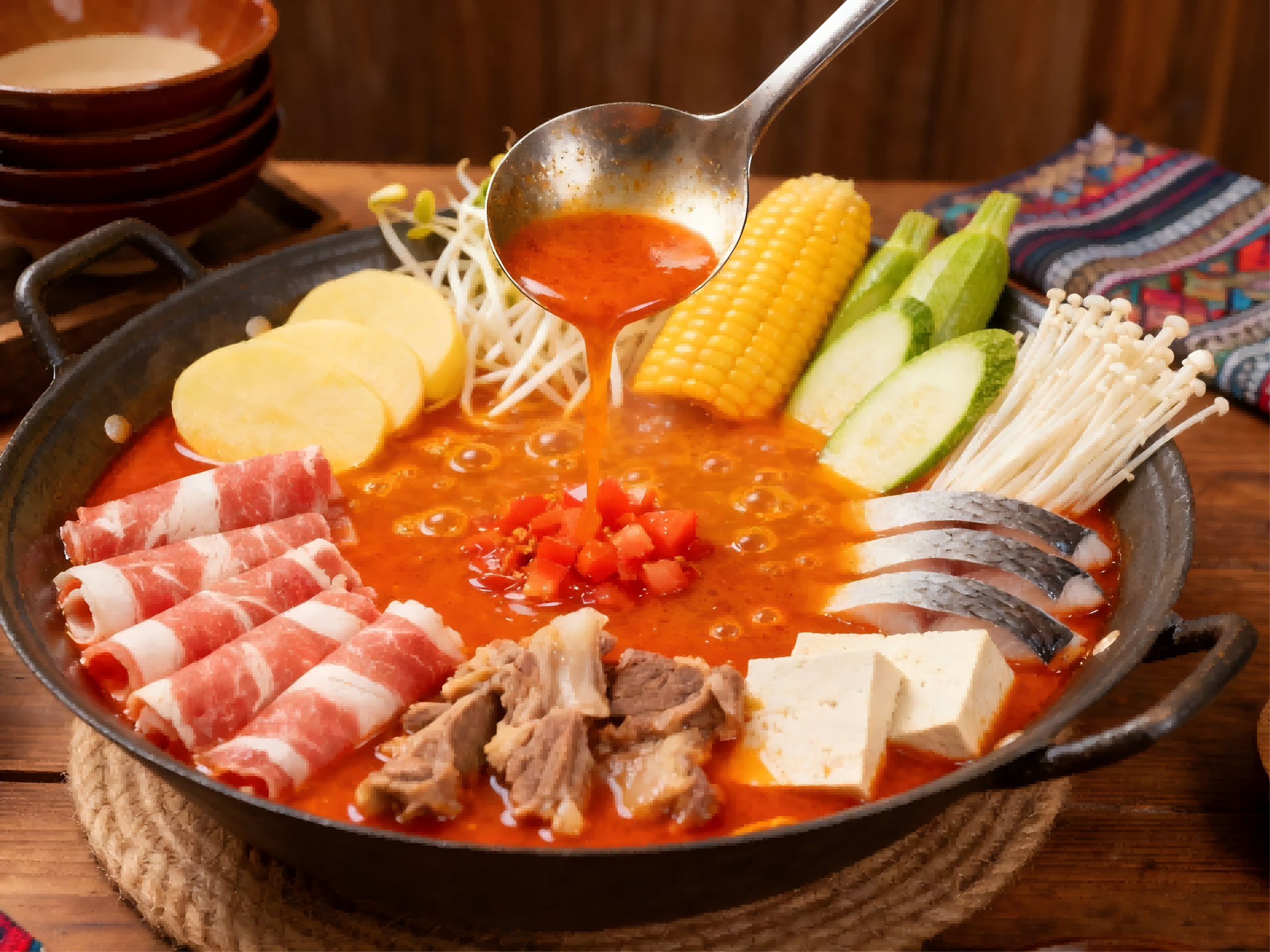 Traditional Guizhou sour soup in a clay pot, bright red fermented broth with chili and tomato, representing the history and culture of Suantang.