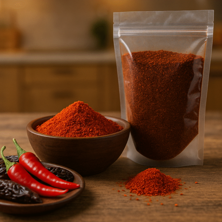 A wooden bowl filled with vibrant red chili powder, displayed alongside a resealable pouch of chili powder and fresh and dried chilies on a rustic wooden table.
