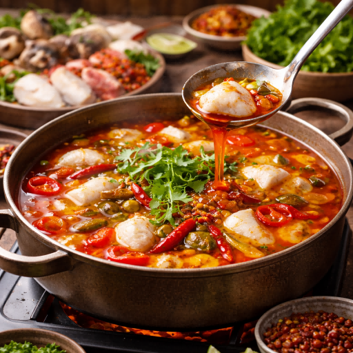 Square image of Guizhou red sour soup hot pot with bubbling broth, fish fillets, chili peppers, and fresh herbs