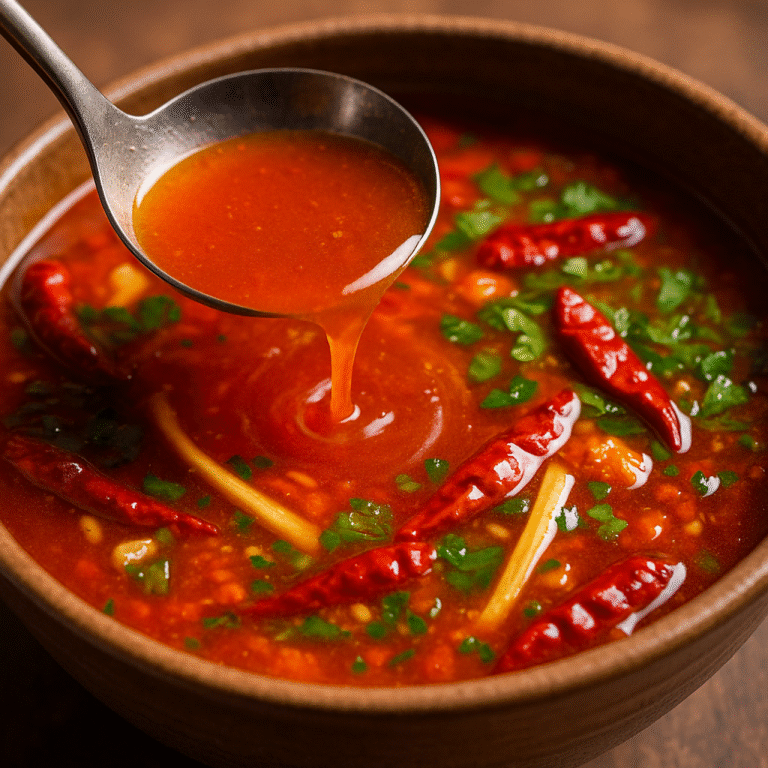 A close-up bowl of Guizhou-style sour soup with red chilies, ginger slices, fresh herbs, and a ladle lifting the bright red fermented broth.