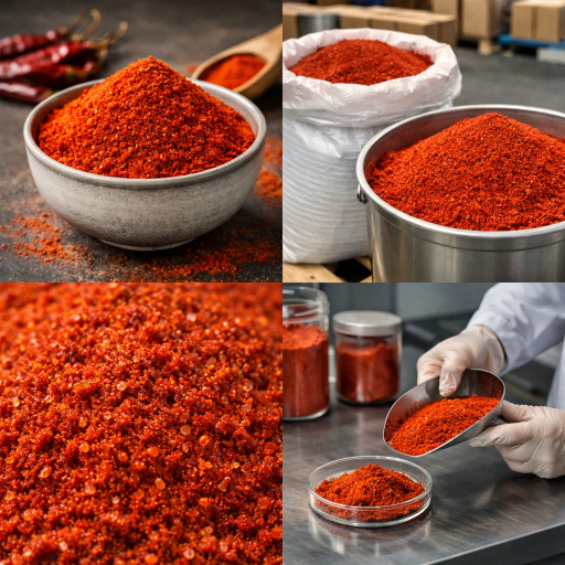 Food grade chili powder product display showing uniform red color and fine texture for industrial use