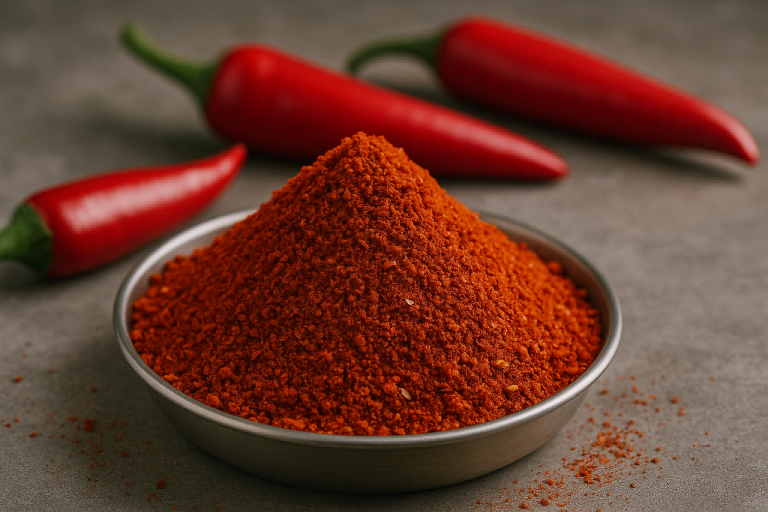 Chili pepper quality factors illustrated through high-quality chili powder and fresh chili peppers used in food manufacturing.