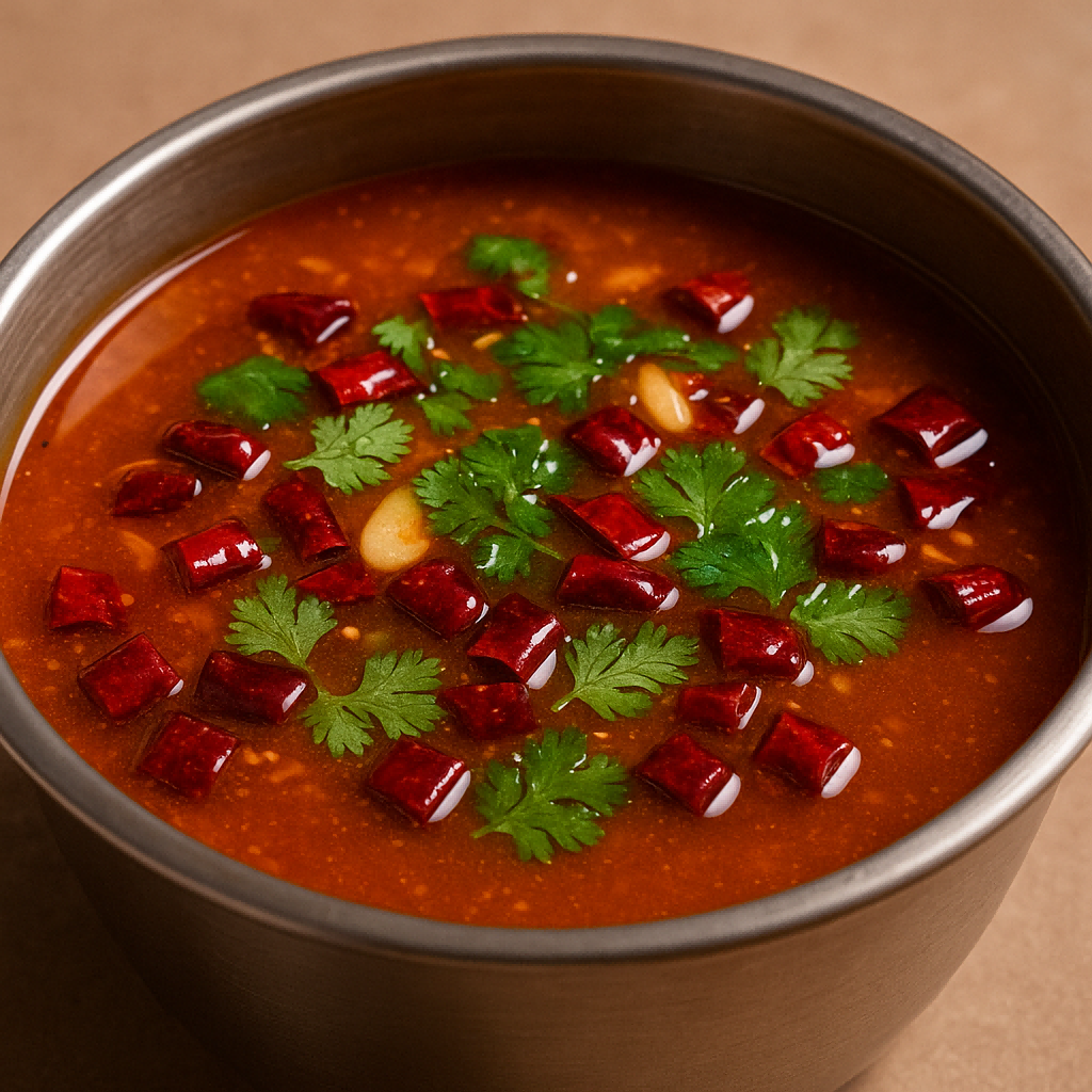 A stainless steel pot filled with rich Guizhou sour soup, featuring a bright red fermented broth with dried chili pieces and fresh cilantro, presented in a clean commercial food style.