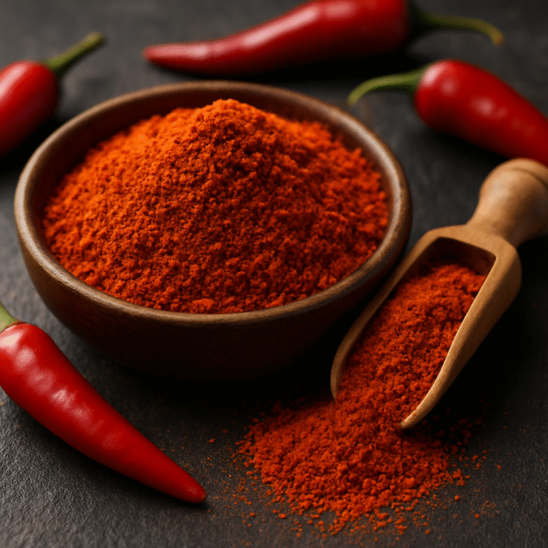 High-quality chili powder displayed in a wooden bowl with whole red chilies and a wooden scoop, showcasing fine texture and vibrant color for food manufacturing use.
