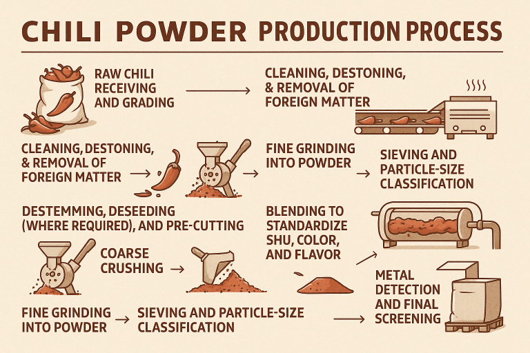 Infographic showing the complete chili powder production process, including raw chili receiving, cleaning, drying, destemming, deseeding, coarse crushing, fine grinding, sieving, blending, sterilization, metal detection, and final packaging, illustrated with simple icons and a red-brown chili color scheme.