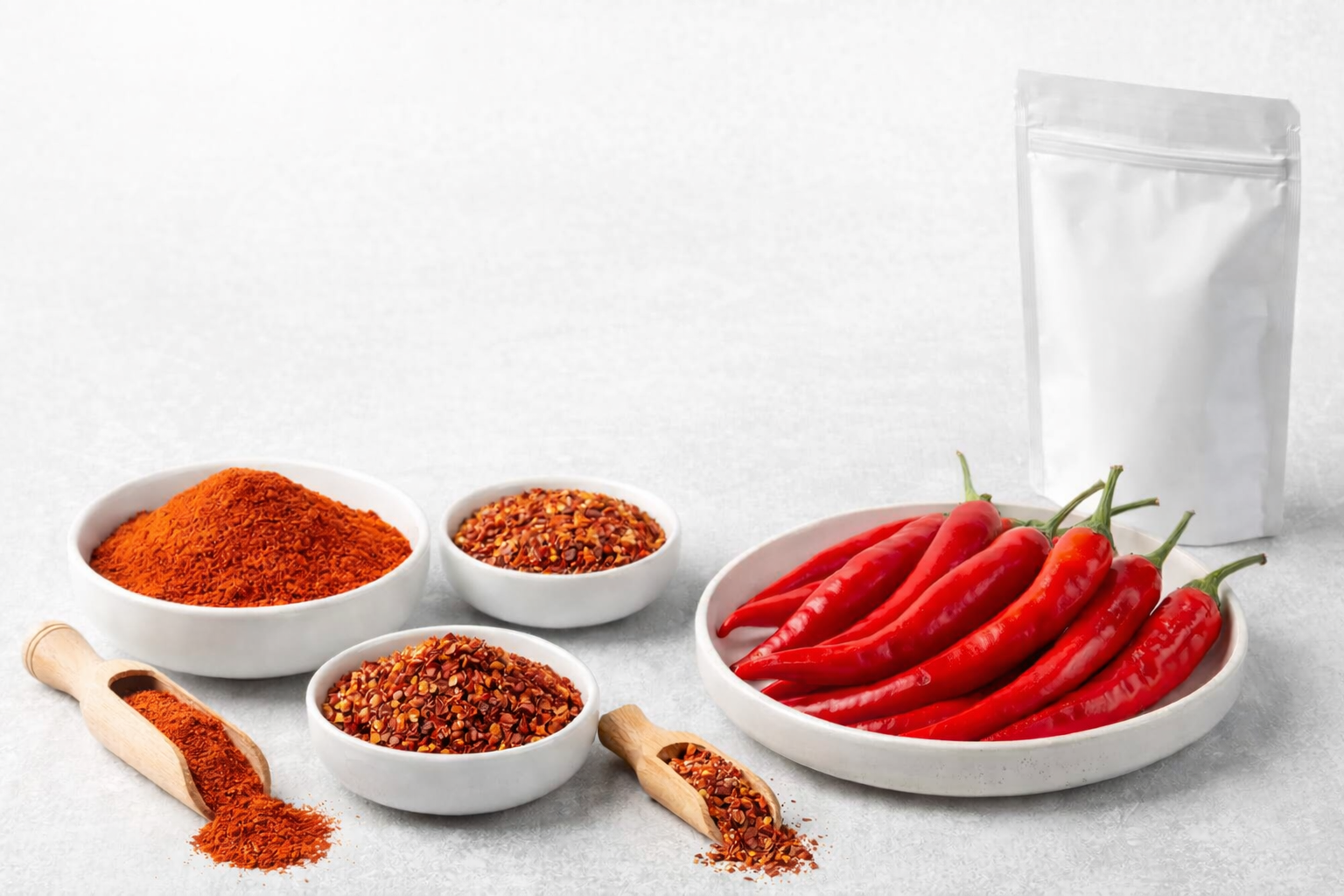 Assorted chili powders and chili flakes in white bowls with fresh red chilies on a clean light-gray background.