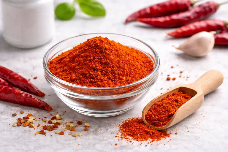 Fine ground chili powder in a glass bowl with clean, minimal presentation
