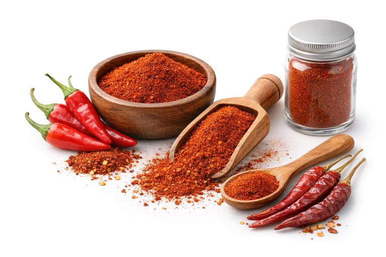Bulk chili powder in wooden bowl with scoop on white background for B2B spice sourcing