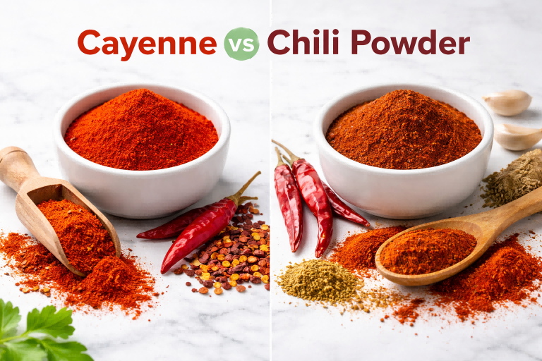 Cayenne vs chili powder product display on a clean white background showing color and texture differences for B2B spice buyers